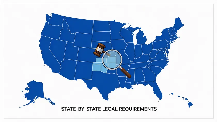Map of the United States with a gavel and magnifying glass representing state-by-state legal requirements for power of attorney.