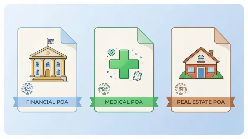 Illustration of financial, medical, and real estate power of attorney documents, each with its own notary seal.