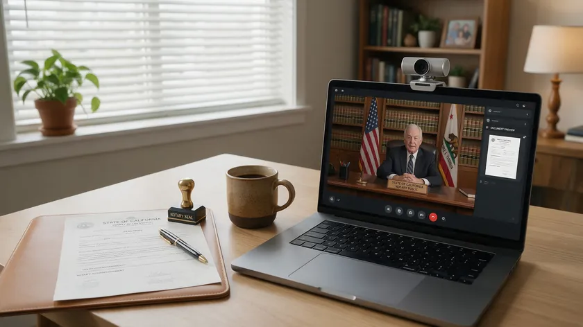 A person completing a remote online notarization video call with a notary from a laptop at home.