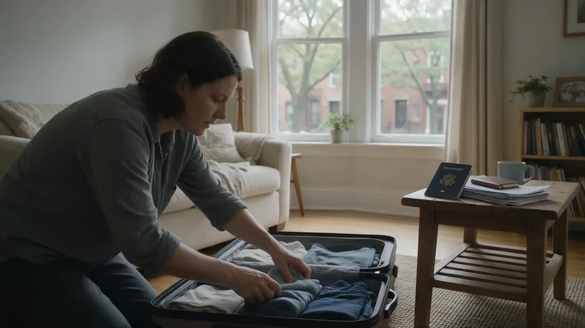 A parent packing a suitcase with a passport and legal document on the table, preparing for international travel.