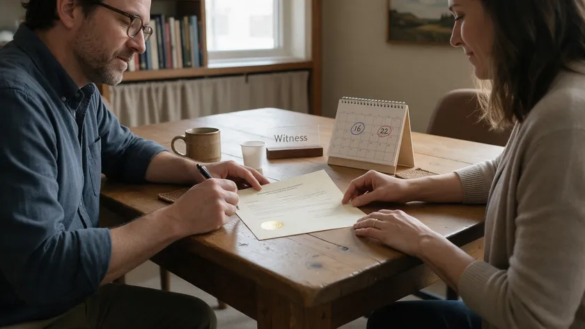 Two people signing a temporary power of attorney document together with a desk calendar showing two marked dates.