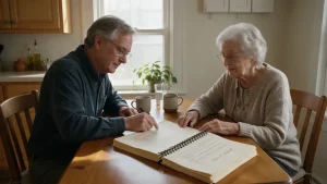 An adult child and an elderly parent reviewing and signing a power of attorney document together at home.