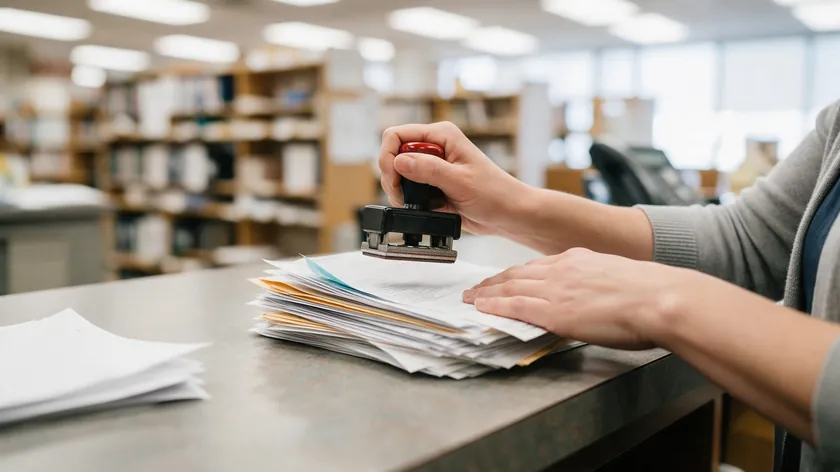 A county recorder clerk stamping a stack of paperwork at a service counter to record a revocation