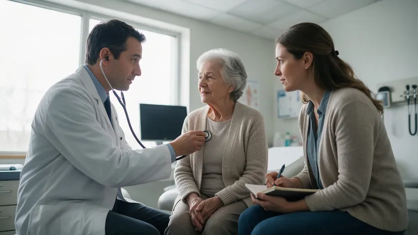 Doctor examining an elderly woman while her adult daughter sits beside her taking notes during a capacity check