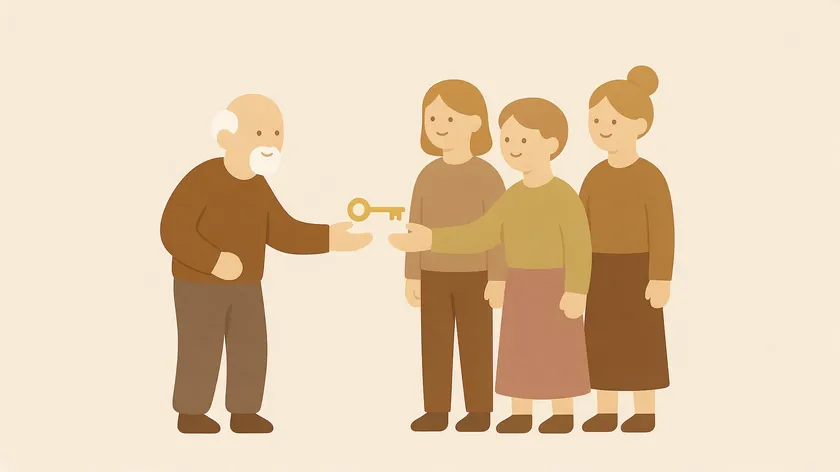 Illustration of an elderly man handing a golden key to one of three family members chosen as his agent