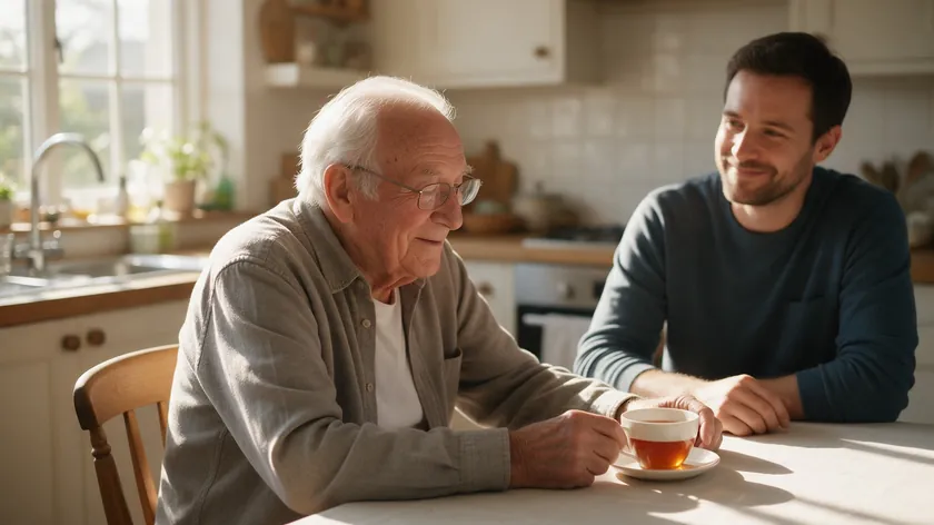 Elderly man having tea at a sunny kitchen table while his adult son smiles beside him on a clear-headed morning