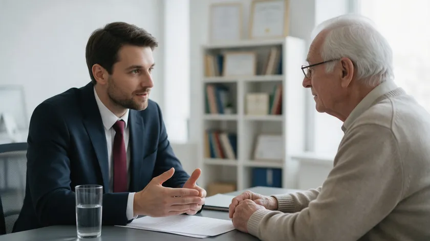 Elder law attorney meeting privately with an elderly client in a bright office