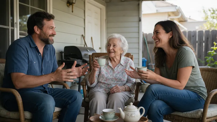 Two adult siblings talking with their elderly mother over tea on a back porch