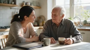 Adult daughter and her elderly father talking at a sunlit kitchen table about how to get power of attorney for elderly parent