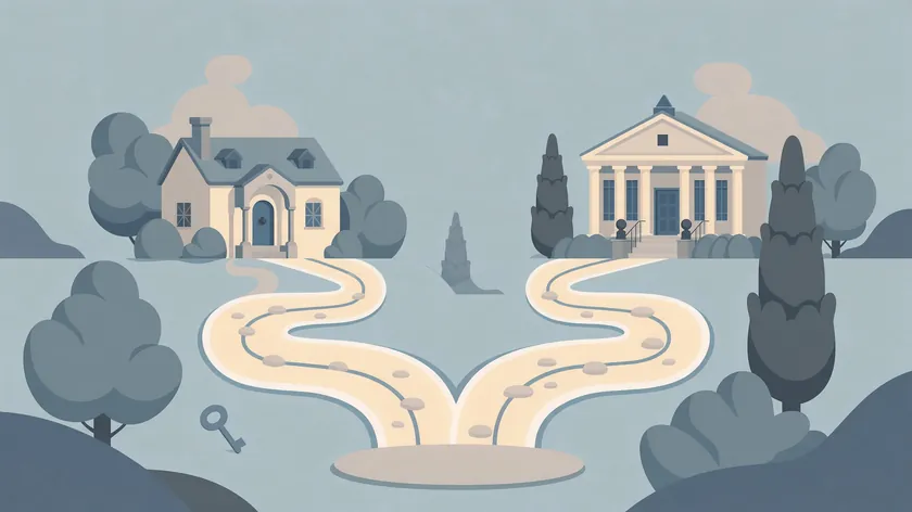 Illustration of two paths, one leading to a home with a key and the other to a courthouse, comparing power of attorney and guardianship