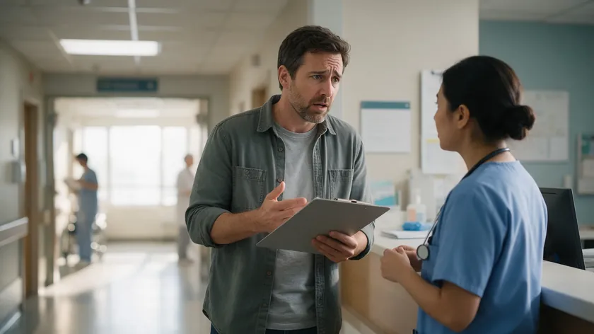 Worried adult son speaking with a nurse in a hospital corridor after his parent's sudden admission