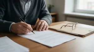A person signing a written document with a fountain pen, illustrating how to revoke a power of attorney