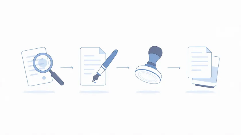 Four-step illustration showing how to revoke a power of attorney: review the original, draft the revocation, notarize it, and keep copies