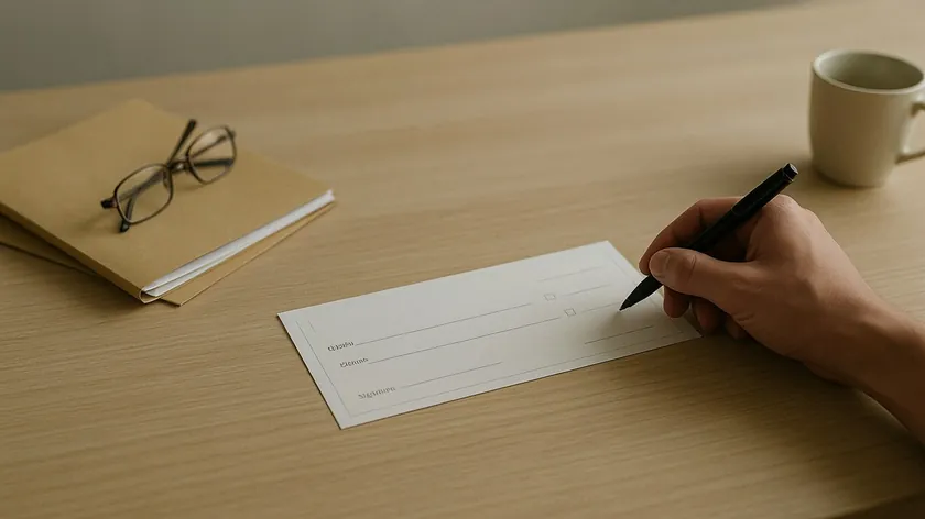 Hand signing a blank check on a desk, an example of how to sign as POA on banking documents