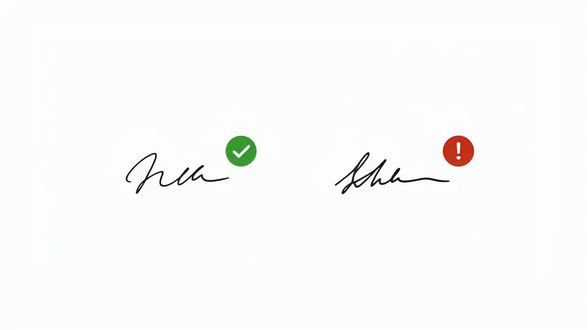 Two signatures side by side, one marked with a green check and the other with a red warning icon, showing correct and incorrect signing