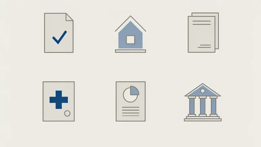 Six document icons showing a check, a house, a lease, a medical form, a tax form and a bank, the common documents an agent signs as power of attorney