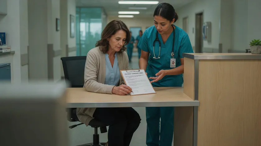 Woman completing a patient consent form on a clipboard at a hospital desk while a nurse explains it