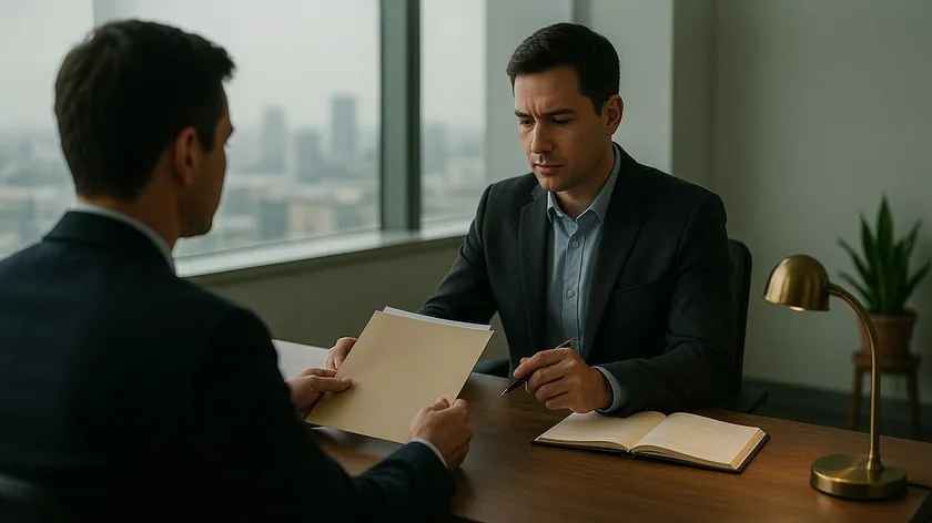 Person handing a folder of documents to a bank officer who reviews the proof of authority