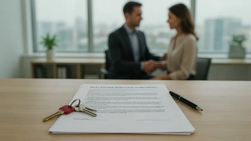 House keys on a real estate purchase agreement at a closing table while two people shake hands in the background