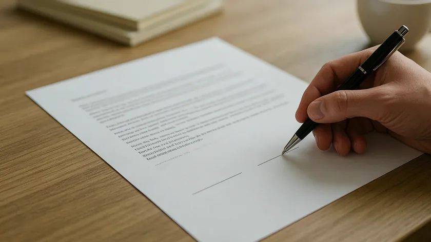 Close-up of a hand signing on the signature line of a printed document, showing the basic signature format an agent uses