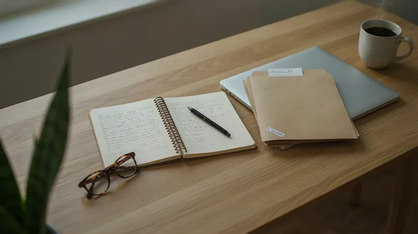 Open notebook used as a signing log next to document folders, a laptop and a pair of glasses on a desk