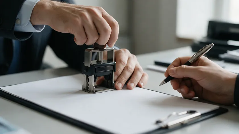 A notary pressing a seal onto a blank document while the signer holds a pen to sign a revocation