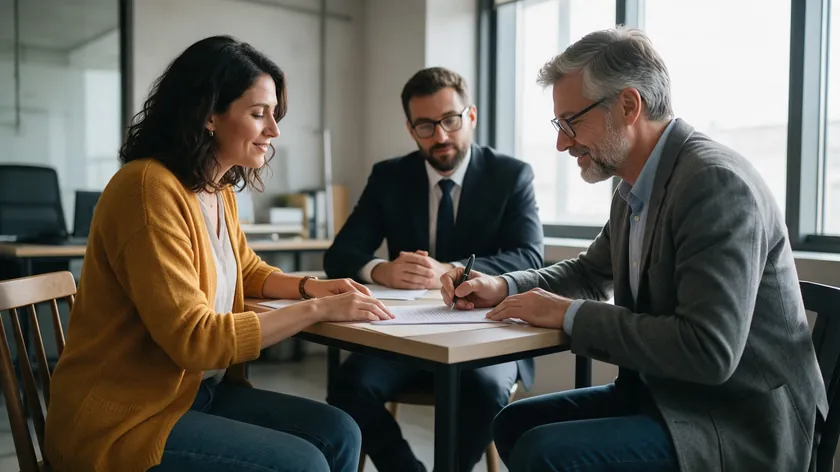 Two people and a lawyer at a table reviewing and signing a new power of attorney document