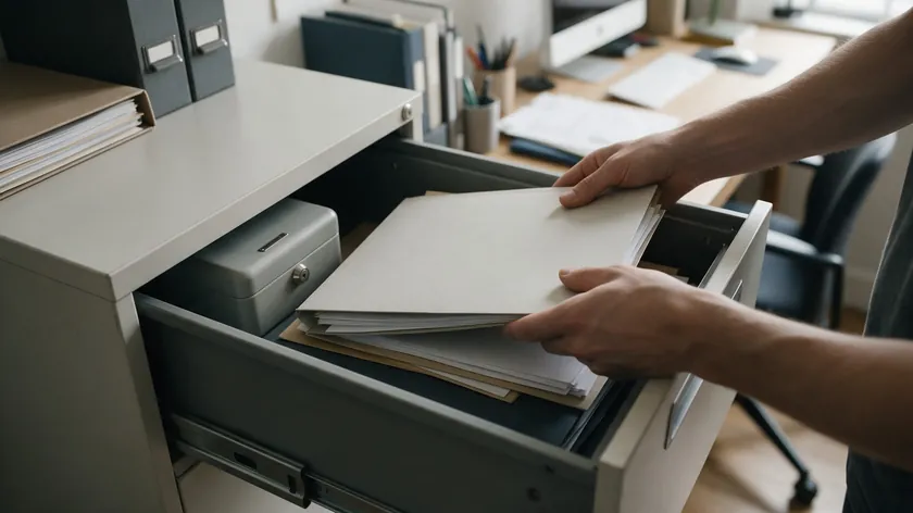 Hands placing a folder of documents into a filing cabinet drawer next to a small lockbox to store a revoked power of attorney