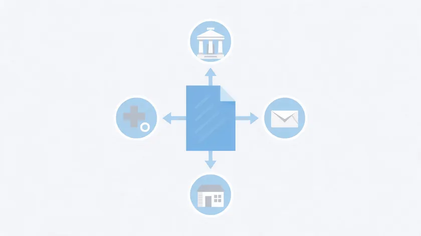 Illustration of a revocation document with arrows pointing to a bank, a medical provider, an envelope, and a house, showing who to notify