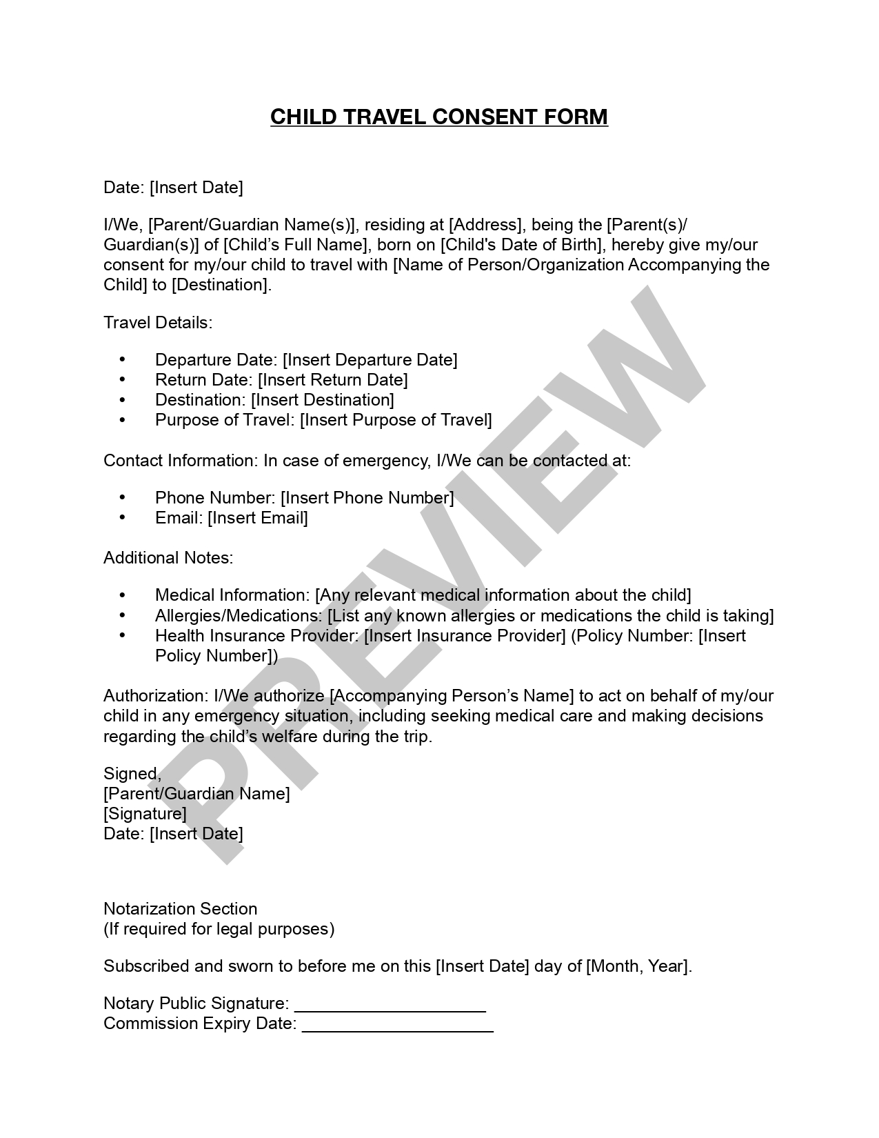 Preview Child Travel Consent Form