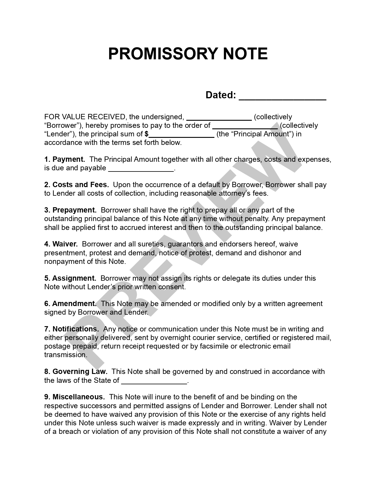 Preview Promissory Note