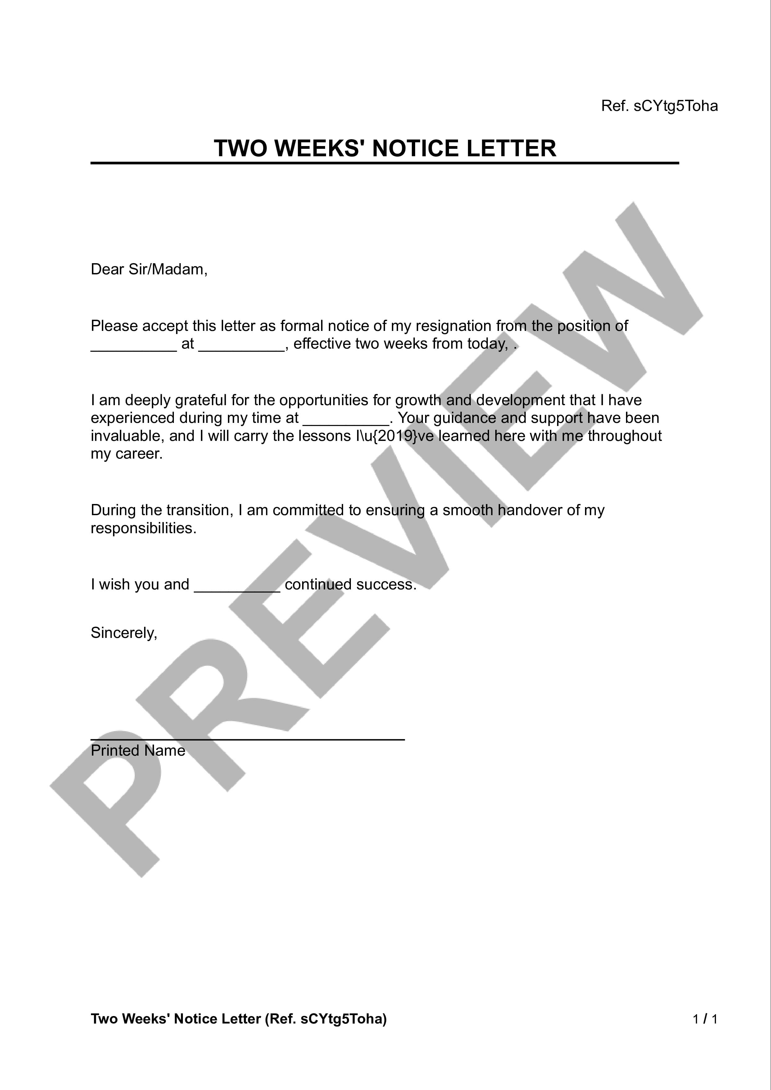 Preview Two Weeks Notice Letter